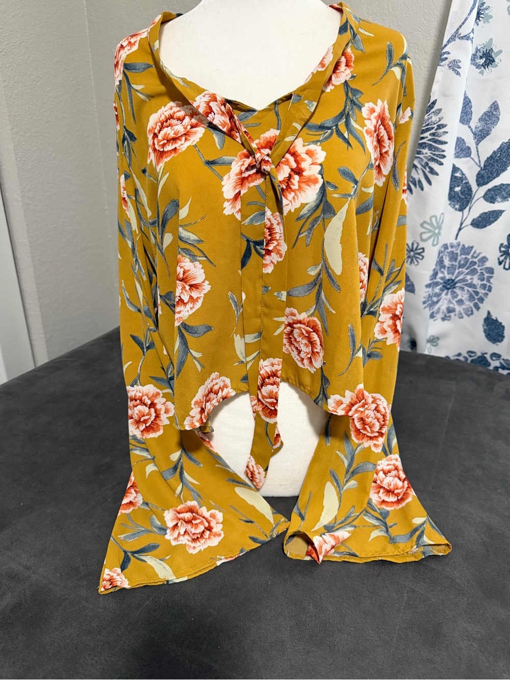 bleuh ciel Mustard Floral Tie-Neck Blouse